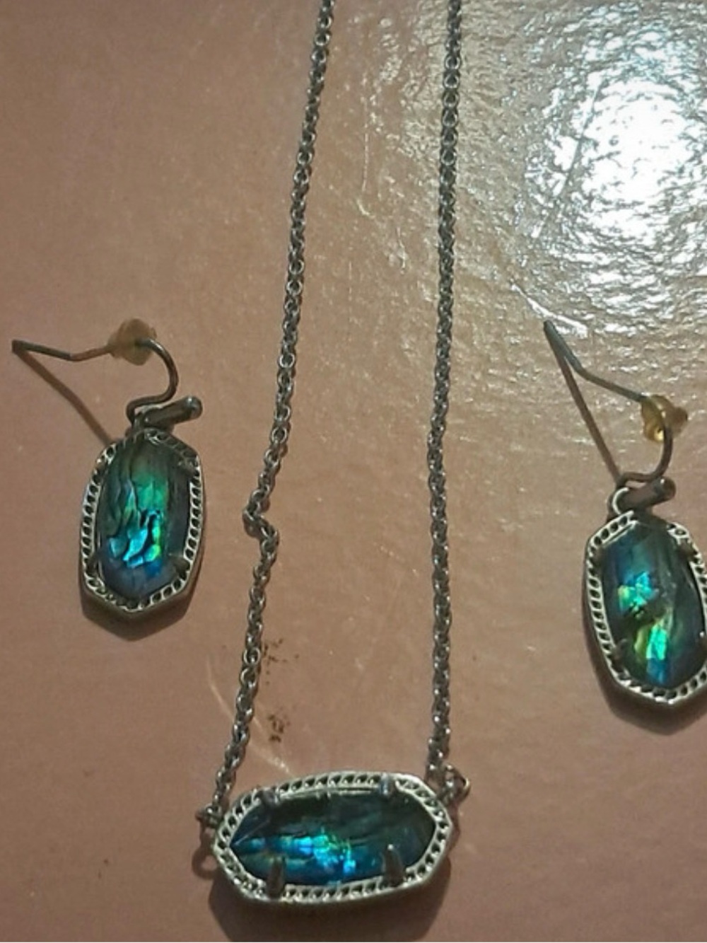 Kendra Scott Blue-Green Abalone Pendant Necklace and Earrings Set